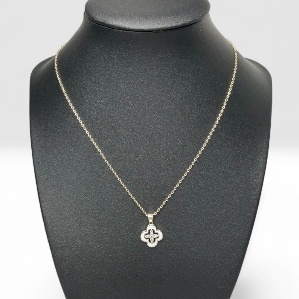 Stella Rose London Fine Gold Plated White Enamel Clover Necklace with Crystals